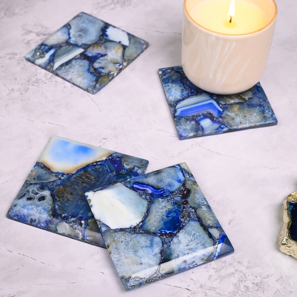 Dessous de verre en agate bleue Dessous de verre en cristal Geode Gemstone | Décoration de table basse pour la maison