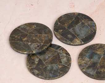 Labradorite Coasters Stylish Table Accessories Peacock Rainbow Handcrafted Round Coaster - Unique Coffee Table Decor for Home Decor or Gift