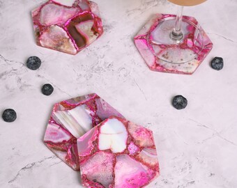 Agate Coasters Set - Hexagonal Polished Edges Stone Geode Drink Mats - Modern & Stylish Table Accents or Gift on Valentine's Day