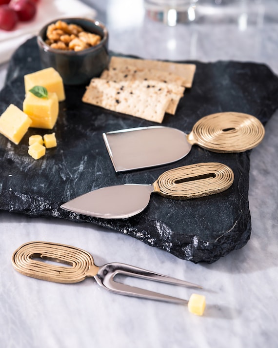 Trance Cheese Knives Set 3 Piece Gold Brass Charcuterie Etsy