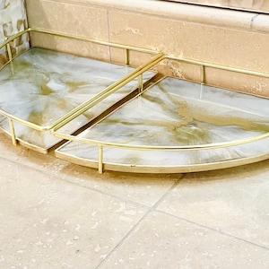 Handmade corner tray with gold stand and frame, marble style resin tray, decorative multipurpose storage organizer for bathrooms or kitchens