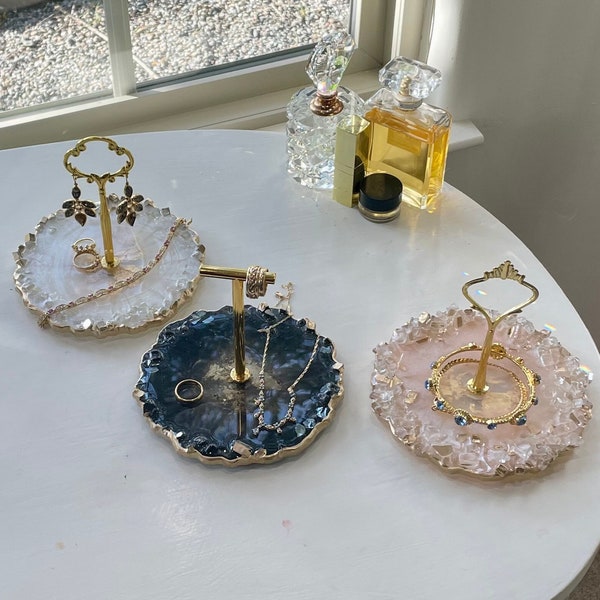 Custom jewelry stand with reflective glass rim, display stand for rings earrings and bracelets, custom color options with gold, handmade