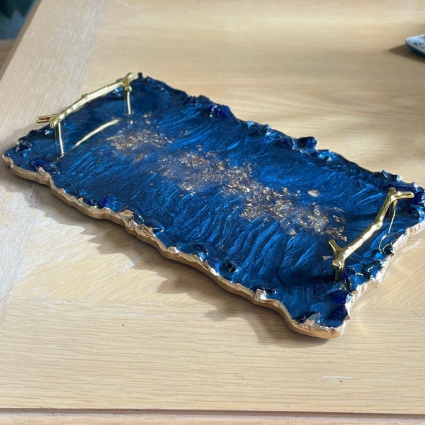 Deep blue and gold tray with glass rim and handles, individually handmade with epoxy resin and reflective glass, custom sizes available