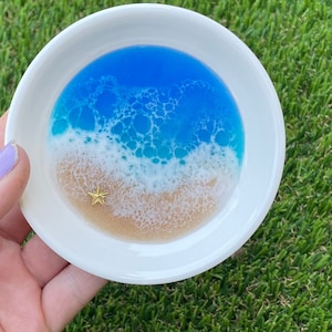Ocean art ring dish, porcelain ring holder with 3D ocean beach waves, 4” ring dish ocean art beach scene gift, personalized ring dish