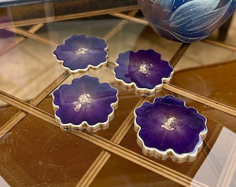 Dark purple flower coasters with gold accents, handmade epoxy resin coaster set, blue-violet / indigo and gold, 4.5”, coaster sets of 2 or 4
