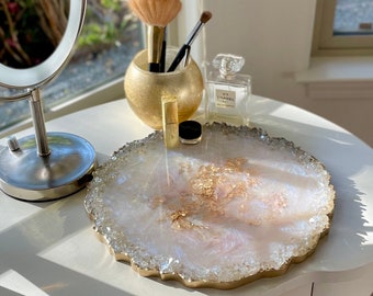 Iridescent white Opal tray, round handmade resin tray with glass rim, perfume tray for vanity or kitchen centerpiece decor, catchall tray