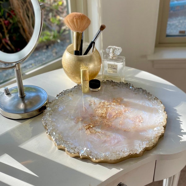 Iridescent white Opal tray, round tray with reflective glass rim and gold accents, vanity perfume tray or centerpiece, handmade resin tray