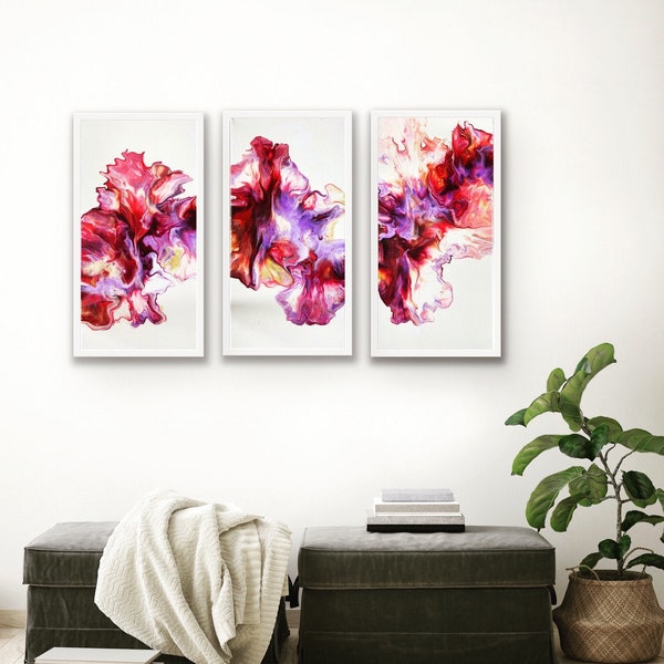 Original 3-piece painting in acrylic, abstract painting on three 12x24” stretched canvases, triptych painting with clear gloss varnish