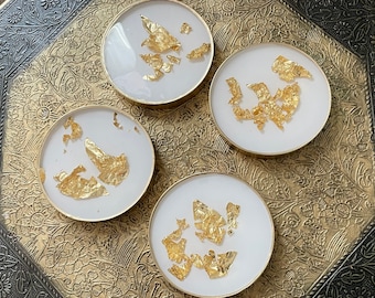 Thick resin coasters, Opaque white coaster set with layered gold accents and cork bottom, set of 2 or 4,  decorative coasters, holiday decor
