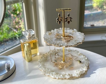 Custom jewelry stand with reflective glass rim, display stand for rings earrings and bracelets, pearl white with gold accents, handmade
