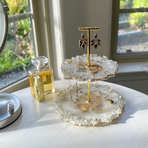 Custom jewelry stand with reflective glass rim, display stand for rings earrings and bracelets, pearl white with gold accents, handmade