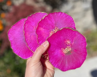 Hot pink coaster set, pink & gold coasters with unique shape, handmade epoxy resin coasters, bright pink with gold accents, agate style