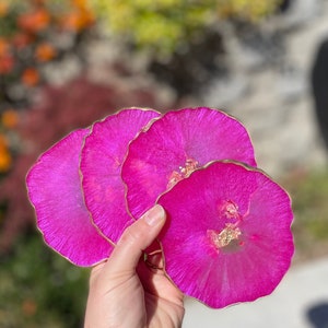 Fuscia coaster set, bright pink & gold coasters with unique shape, handmade epoxy resin coasters, bright pink with gold accents, agate style