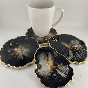 Black and gold resin coasters, semi-transparent resin coaster sets, handmade resin coasters, large irregular coasters, random shape