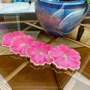 Hot pink flower coasters, handmade epoxy resin coaster set, bright pink decor with gold and non-slip bumpers, single coaster - set of 8