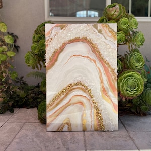 Modern wall hanging with crystals, rose gold textured geode painting on stretched canvas, XL abstract wall decor, custom handmade resin art