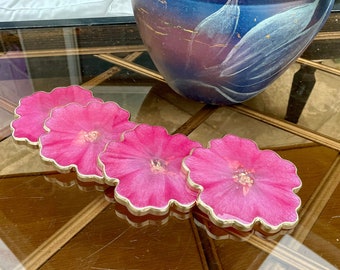 Hot pink flower coasters, handmade epoxy resin coaster sets, bright pink and gold, sets of 2 or 4 coasters