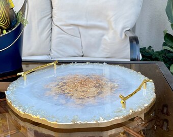 Plateau de service XL fait main avec rebord en verre, pièce maîtresse en or blanc, plateau en résine époxy avec verre pilé / verre trempé réfléchissant, 16 pouces