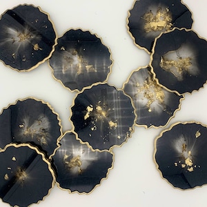 Diamond black resin coaster sets with layered gold accents, handmade, geode agate shape, large irregular coasters, black&gold decor