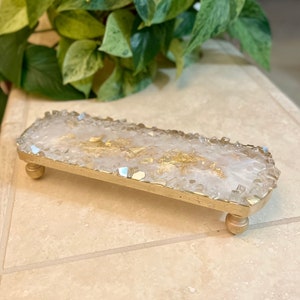 Handmade tray with crushed glass rim and feet, sturdy epoxy resin tray with reflective glass rim, 10x3.5”