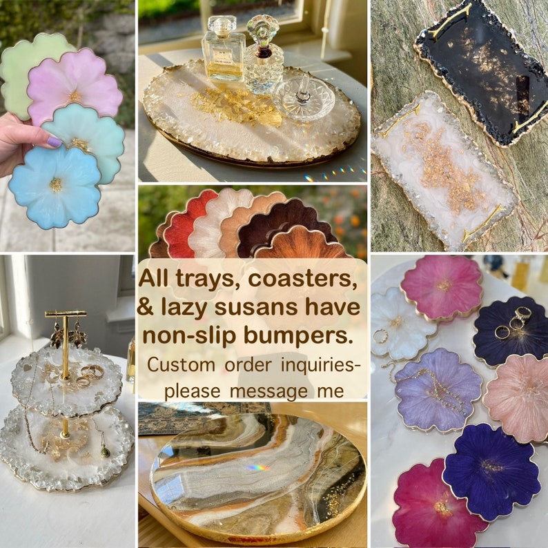 Op de afbeelding: Assortiment van hars trays, onderzetters en lazy susans in verschillende kleuren en ontwerpen. Alle trays, onderzetters en lazy susans hebben antislip bumpers. Voor aangepaste bestellingen - neem contact met me op.