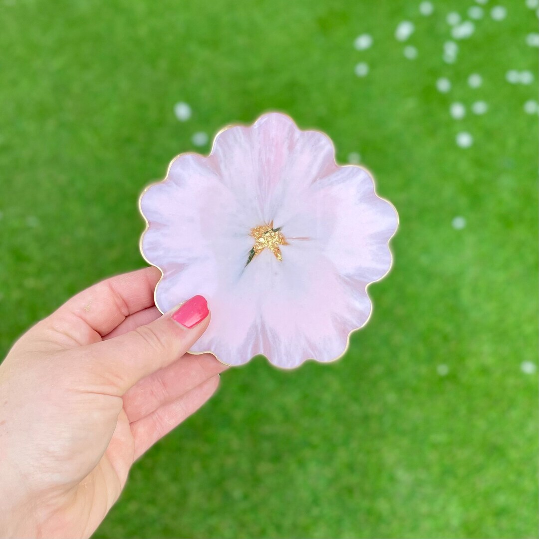 Baby Pink Flower Coasters With Gold Accents Handmade Epoxy Etsy