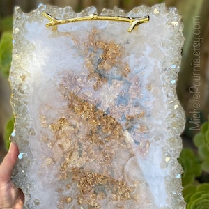 Handmade tray with handles and reflective glass rim, decorative perfume tray or serving tray with gold accents, resin trays in many sizes
