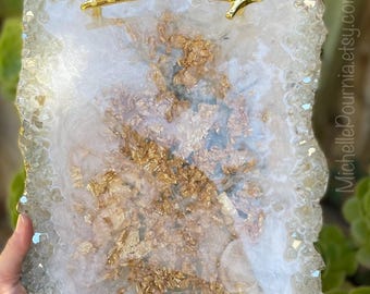 Handmade tray with handles and reflective glass rim, decorative perfume tray or serving tray with gold accents, resin trays in many sizes