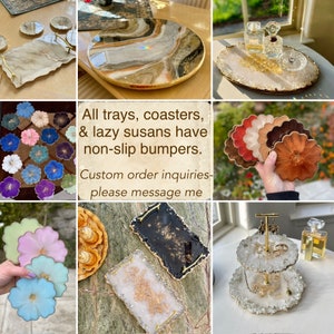 May include: Assortment of resin coasters, trays, and lazy susans in various colors and patterns. All items feature gold accents and non-slip bumpers.  "All trays, coasters, & lazy susans have non-slip bumpers. Custom order inquiries- please message me"