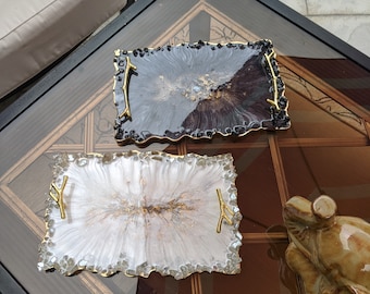 Handmade resin tray with handles, black and gold, white and gold, with crushed glass edges, large serving tray