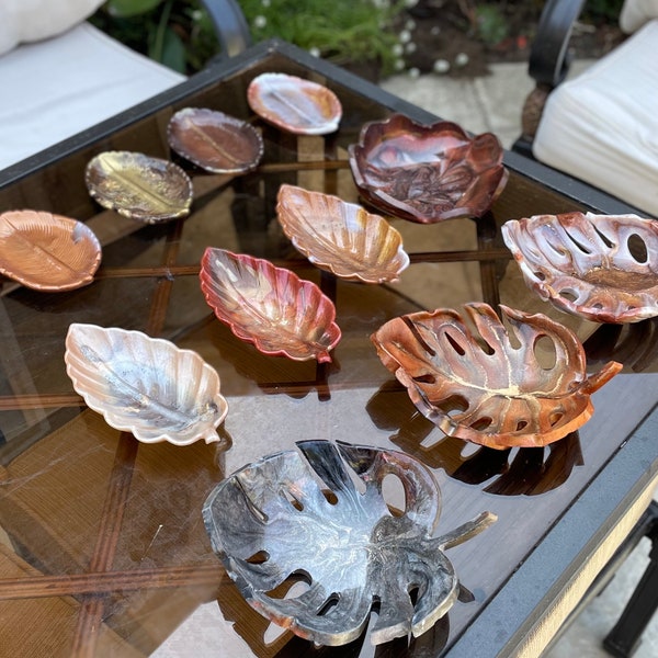 Inventory clearance sale - various resin bowls in gold and bronze colors, handmade bowls in different leaf shapes, trinket dish on sale