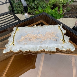 15x9.5” resin tray with crushed glass rim, pearl white tray with gold accents, handmade, irregular shape, unique tray with gold handles