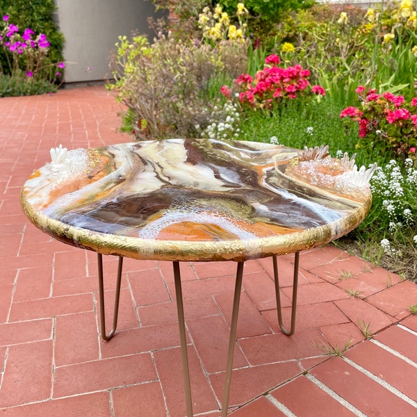 Handmade table with crystals and taupe legs, resin on solid wood, geode art side table or small coffee table, 24 inch