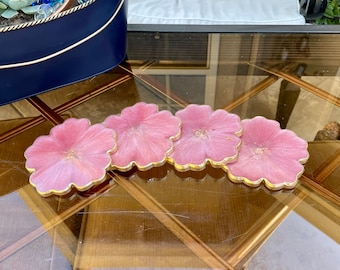 Blush pink flower coasters with gold accents, handmade epoxy resin coasters, 4.5” diameter, coaster sets of 2 or 4