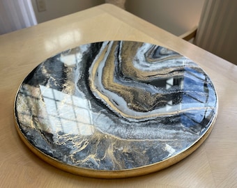 Custom lazy susan turntable, handmade with resin and solid wood, abstract geode resin art centerpiece, shades of grey black gold and white