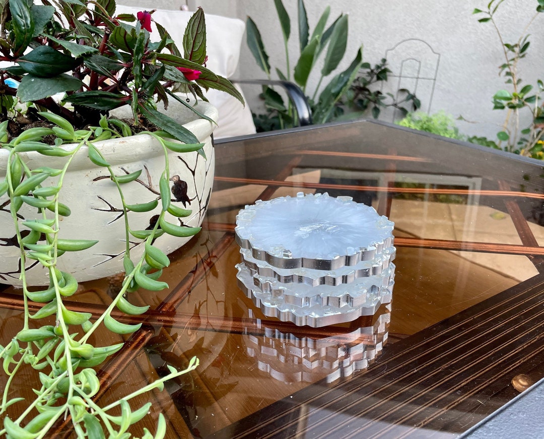 White Coasters With Reflective Glass Rim, Handmade With Epoxy Resin and
