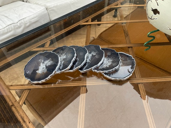 Black & silver coaster sets made of resin, handmade geode style coasters, silver accent decor, semi-transparent black resin coasters