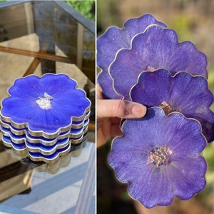 Shimmering violet color-shift coasters with gold accents, handmade epoxy resin coasters, 4.5” diameter, purple flower coaster sets of 2 or 4