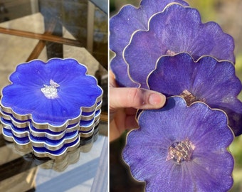 Shimmering violet color-shift coasters with gold accents, handmade epoxy resin coasters, 4.5” diameter, purple flower coaster sets of 2 or 4