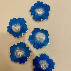 Dark navy and gold flower coaster set, handmade epoxy resin coasters, 4.5” diameter, coaster sets of 2 or 4, navy & gold decor
