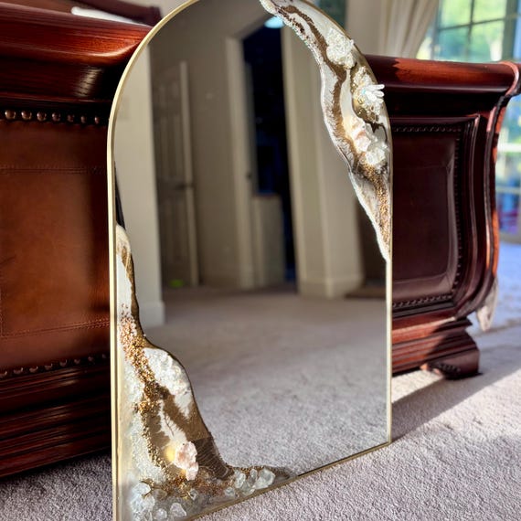 Large ornate arch mirror 36 x 24 inch, handmade with quartz crystals, wavy mirror with gold frame and 3D texture art, abstract wall hanging