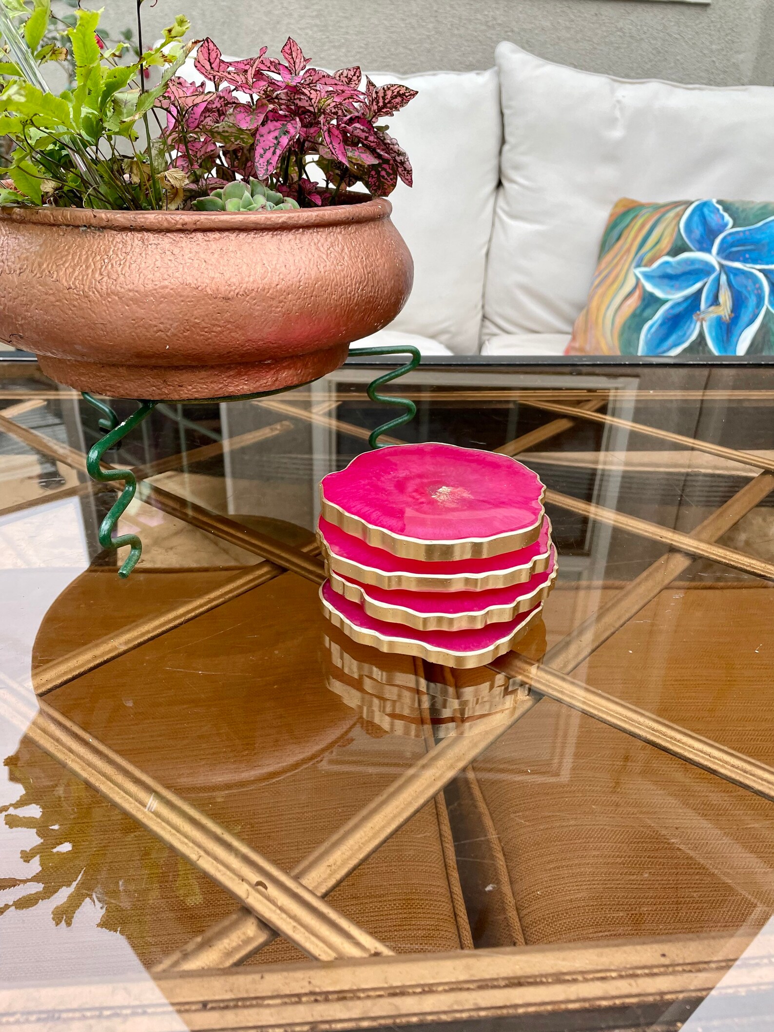 Hot pink coaster set pink & gold coasters with unique shape Etsy