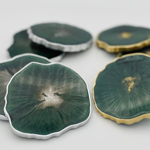 Deep emerald green resin coasters with gold or silver accents, handmade resin coaster sets, geode / agate style coasters, irregular shape