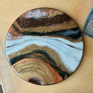 Handmade lazy susan turntable, epoxy resin on solid wood, abstract geode resin art centerpiece, textured gold art, 24 inch diameter