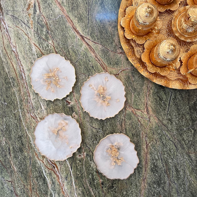 White and gold resin coaster set, irregular coasters, random shape, handmade geode agate coasters, large coasters image 8