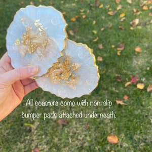 White and gold resin coaster set, irregular coasters, random shape, handmade geode agate coasters, large coasters image 5