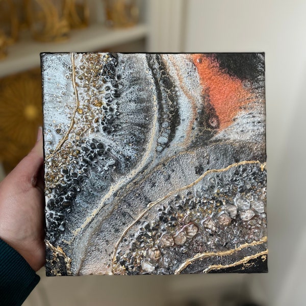 Clearance sale- resin geode paintings with glass crystals, textured painting with metallic accents, modern art 8x8 on gallery wrapped canvas
