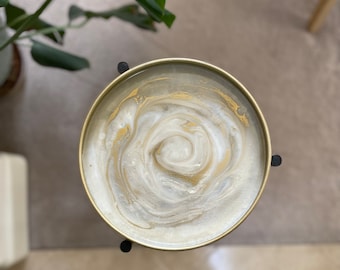 Tall gold drink table with white and gold swirls, handmade resin and metal side or end table with removable 2-tier trays, 30” tall x 10”wide