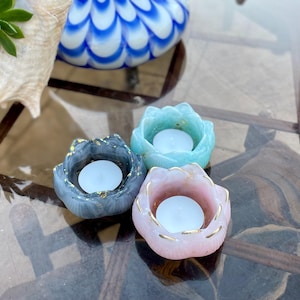 tealight candle holders, small lotus flowers for tealight candles, handmade, small colorful gold accent flower candle holders for tealights
