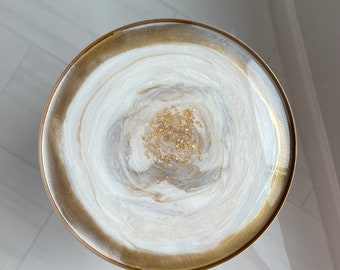 Modern gold accent table, handmade epoxy resin side table, round drink table with cream white & gold swirls, can be made in any color!